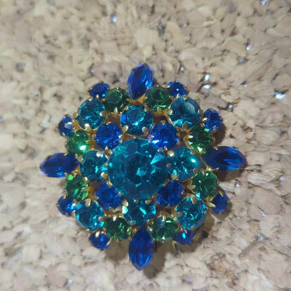 Made in Austria peacock color rhinestone brooch vintage